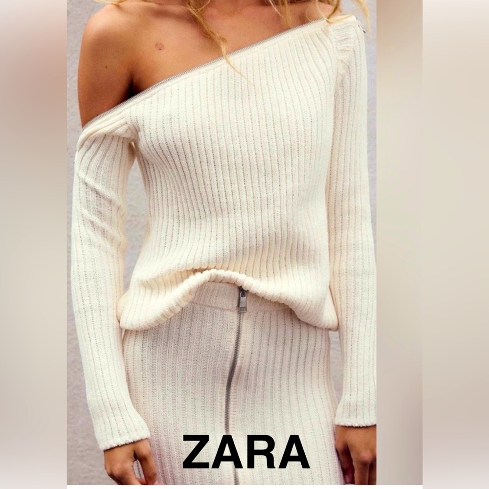 Zara Cream Ribbed Chenille Off The Shoulder Sweater - Size M - NEW